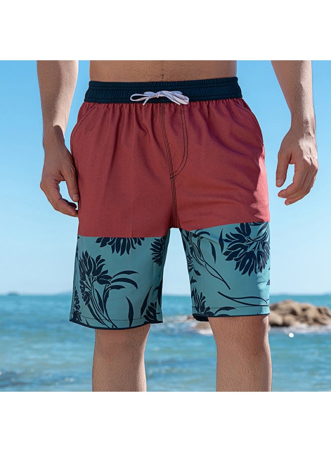 Loquat Beach Pants Men's Quick-drying Loose Half-length Pants Color-block Printed Four-sided Elastic Leisure Holiday Beach Shorts Trendy-Color:Play Green Camouflage- - Image 2