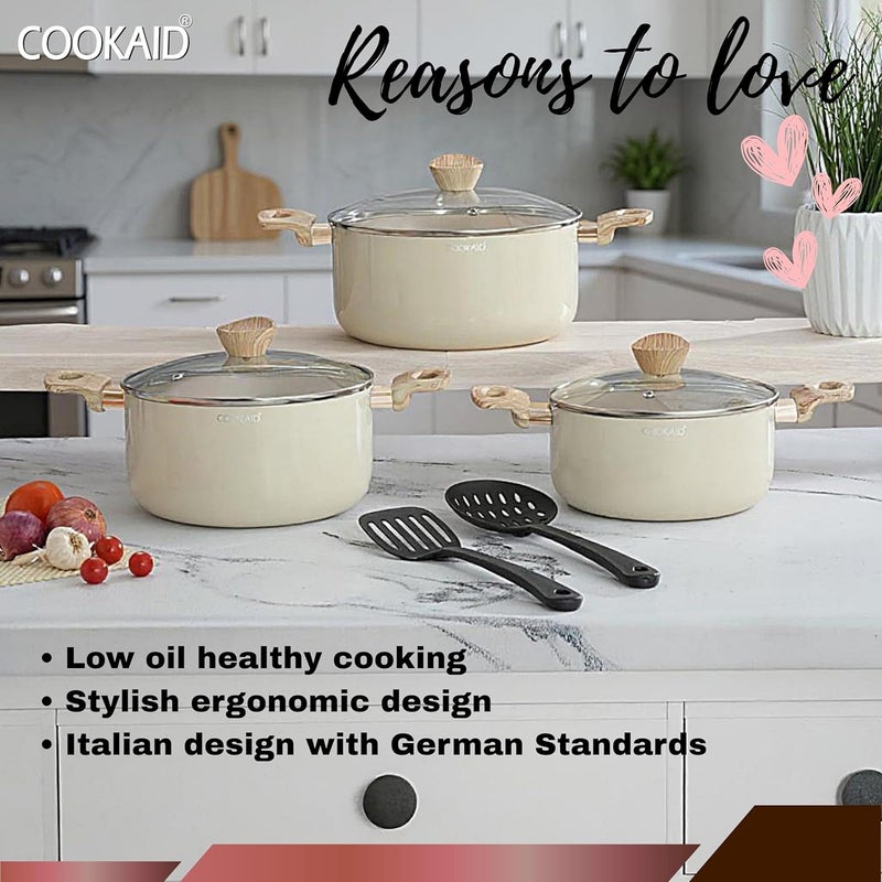 COOKAID Casserole Set of 3 Big Size 2.8 Ltr, 3.9 Ltr & 4.8 Litre & 2 Pc Nylon Tool | ISI Certified | Cook and Serve Casserole For Cooking | Ceramic Cookware with Glass Lid & Handle | Gas & Induction - Image 5