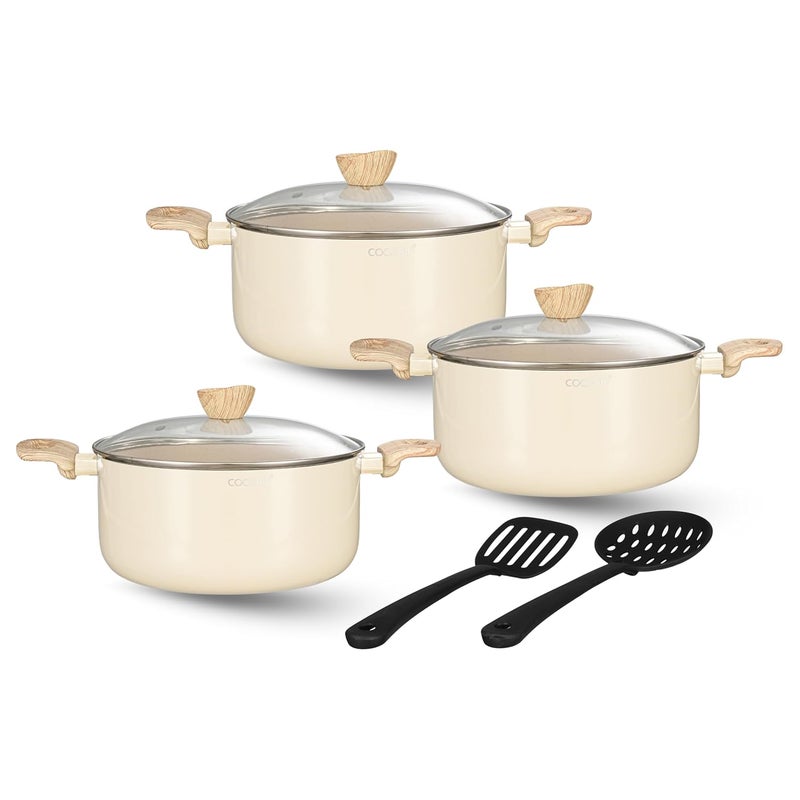 COOKAID Casserole Set of 3 Big Size 2.8 Ltr, 3.9 Ltr & 4.8 Litre & 2 Pc Nylon Tool | ISI Certified | Cook and Serve Casserole For Cooking | Ceramic Cookware with Glass Lid & Handle | Gas & Induction - Image 1