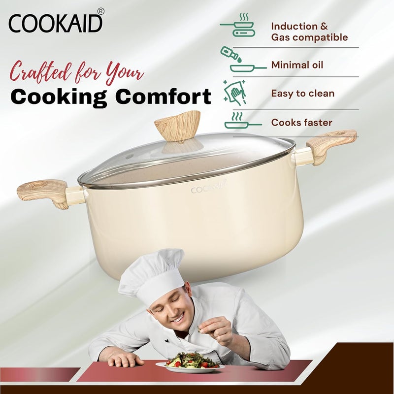 COOKAID Casserole Set of 3 Big Size 2.8 Ltr, 3.9 Ltr & 4.8 Litre & 2 Pc Nylon Tool | ISI Certified | Cook and Serve Casserole For Cooking | Ceramic Cookware with Glass Lid & Handle | Gas & Induction - Image 3