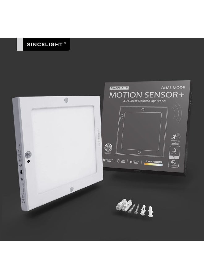 SINCELIGHT PIR LED Motion Sensor Ceiling Mounted Light Fixture, 18W Ultrathin Panel Shape, ON/Off Automatic, Dual Sensor Mode Switchable