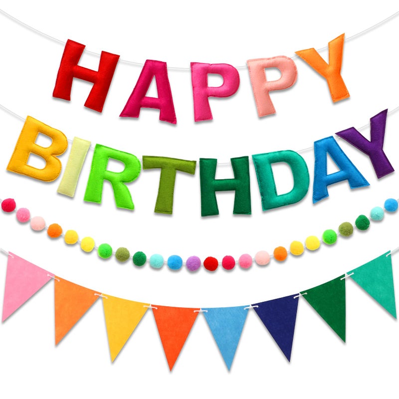 LITAUS Pre-Strung Happy Birthday Banner & Felt Garland Set - Colorful Birthday Decorations for Women Men Boys Girls | Reusable Party Supplies for Indoor & Outdoor - Image 1