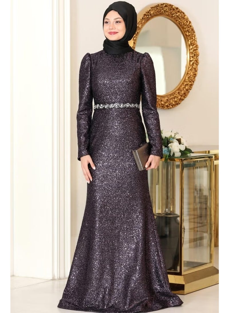 Esilanur Nihal Hijab Evening Dress Plum - Image 1