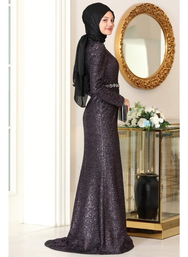 Esilanur Nihal Hijab Evening Dress Plum - Image 2