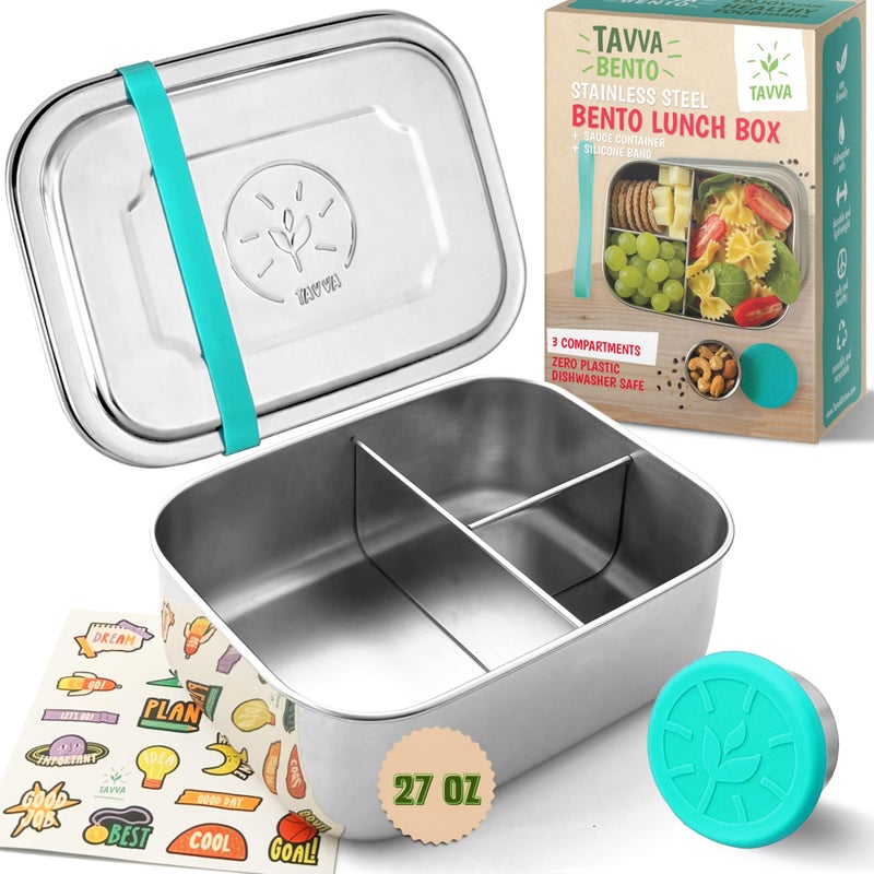 TAVVA Stainless Steel Bento Box for Kids [27oz] - Stainless Steel Lunch Box for Kids with Leakproof Condiment Container - 3 Compartment Snack Organizer for On the Go Meals - Freezer & Dishwasher Safe - Image 1