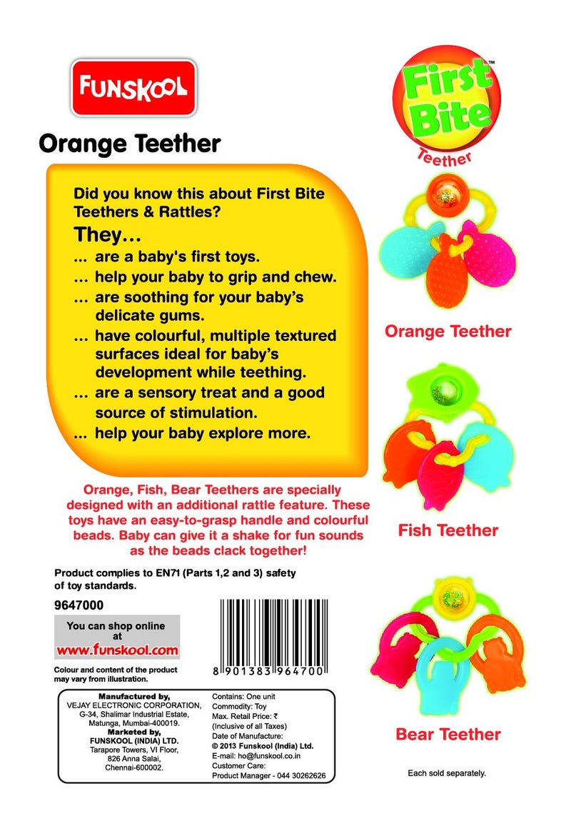 Funskool Giggles Plastic-Orange Teether,Teether For Babies To Sooth Their Gums,Easy To Grasp And Chew With Rattle Sounds,3 Months&Above,Infant Toys - Image 3