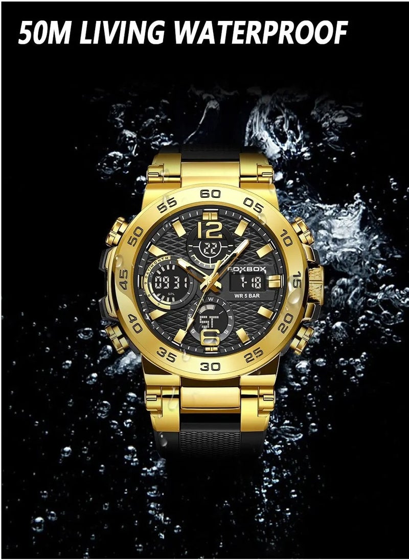 FOXBOX Dual Display Electronic Watch, Fashionable And Cool Multifunctional Silicone Glow Men's Watch, Sport Leisure Waterproof Business Watch, Military Chronograph Wrist Watch For Men, (Black Gold)  - Image 5