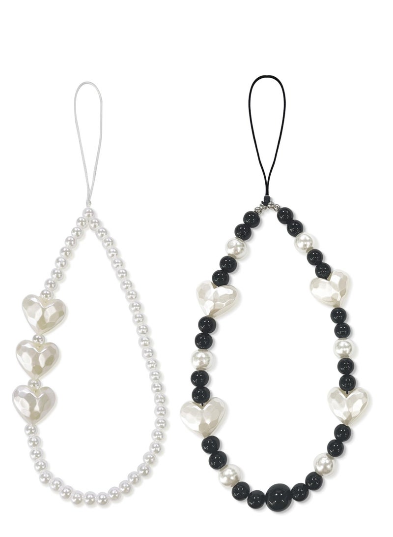 SYOSI 2 PCS Heart Crystal Phone Charm, Detachable Phone Lanyard, White Pearl Heart Phone Charm, Lovely Phone Charms, Suitable for Women Girls - Image 1