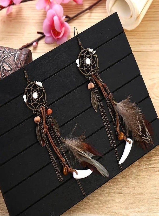 POYAMUSE Brown Feather Dream Catcher Earrings for Women - Bohemian Wolf Jewelry, Tribal Feather Earrings for Women - Brown - Image 3