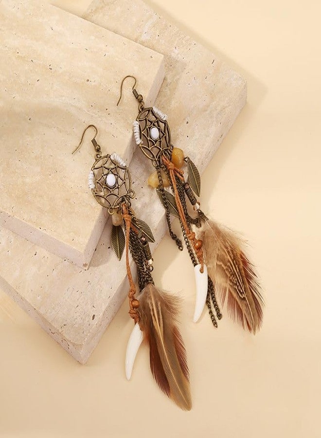 POYAMUSE Brown Feather Dream Catcher Earrings for Women - Bohemian Wolf Jewelry, Tribal Feather Earrings for Women - Brown - Image 2