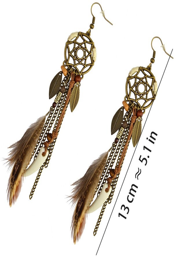 POYAMUSE Brown Feather Dream Catcher Earrings for Women - Bohemian Wolf Jewelry, Tribal Feather Earrings for Women - Brown - Image 4