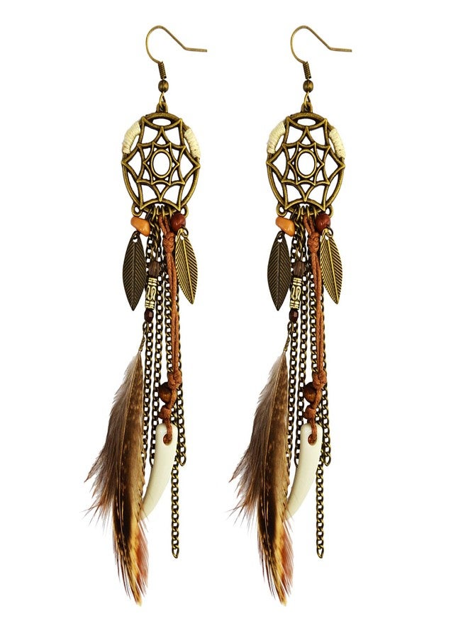 POYAMUSE Brown Feather Dream Catcher Earrings for Women - Bohemian Wolf Jewelry, Tribal Feather Earrings for Women - Brown - Image 1
