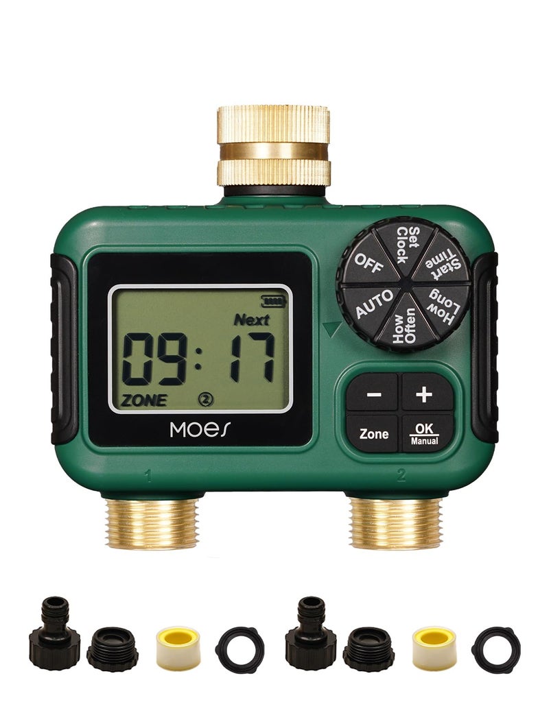 MOES 2 Outlet Sprinkler Timer, Brass Inlet & Outlet, Programmable Automatic Irrigation Controller, Rain Delay, Manual Watering, 2 Zone Water Hose Timer for Gardens, Lawns, and Hose Systems - Image 1