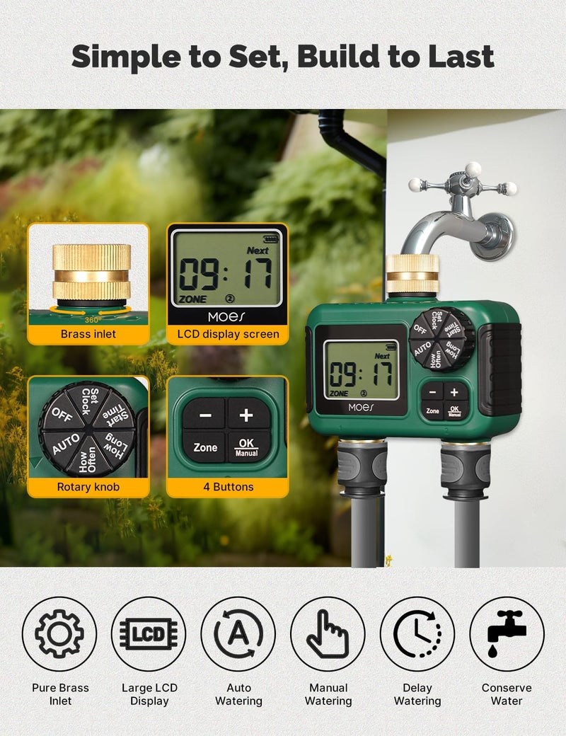 MOES 2 Outlet Sprinkler Timer, Brass Inlet & Outlet, Programmable Automatic Irrigation Controller, Rain Delay, Manual Watering, 2 Zone Water Hose Timer for Gardens, Lawns, and Hose Systems - Image 4