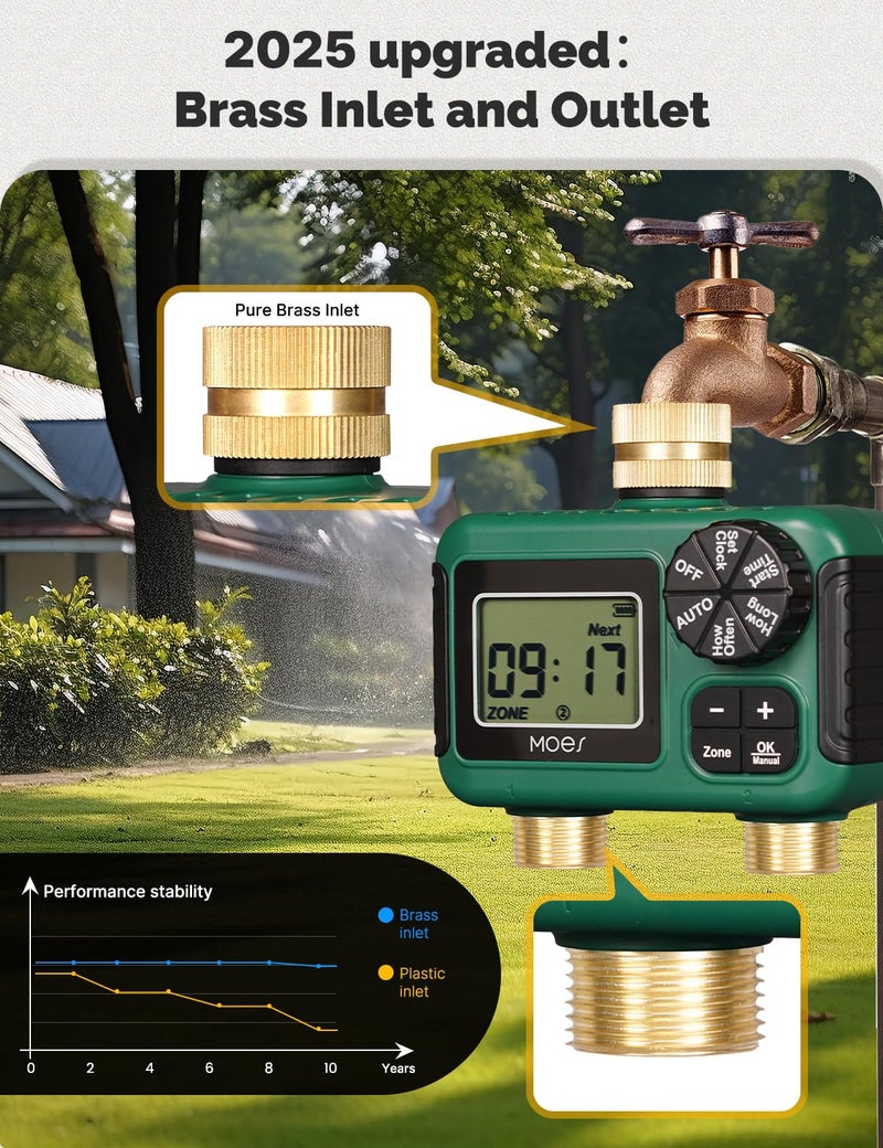 MOES 2 Outlet Sprinkler Timer, Brass Inlet & Outlet, Programmable Automatic Irrigation Controller, Rain Delay, Manual Watering, 2 Zone Water Hose Timer for Gardens, Lawns, and Hose Systems - Image 3
