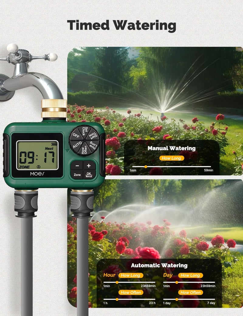 MOES 2 Outlet Sprinkler Timer, Brass Inlet & Outlet, Programmable Automatic Irrigation Controller, Rain Delay, Manual Watering, 2 Zone Water Hose Timer for Gardens, Lawns, and Hose Systems - Image 5