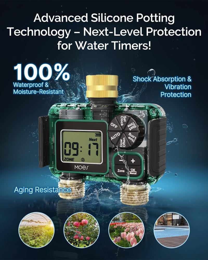 MOES 2 Outlet Sprinkler Timer, Brass Inlet & Outlet, Programmable Automatic Irrigation Controller, Rain Delay, Manual Watering, 2 Zone Water Hose Timer for Gardens, Lawns, and Hose Systems - Image 2