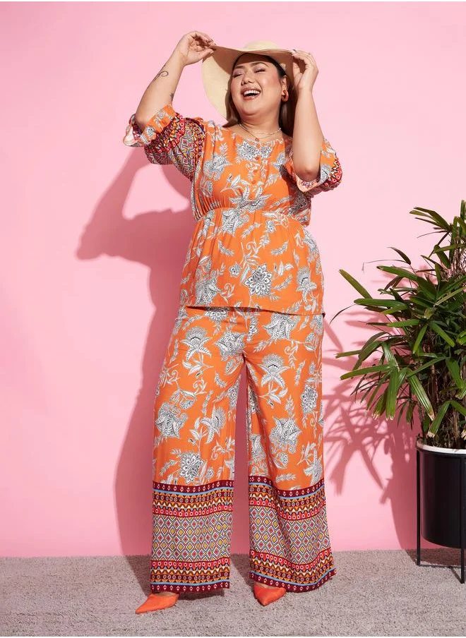 SASSAFRAS Plus Floral Peplum Top & Straight Pants Co-Ords by Styli