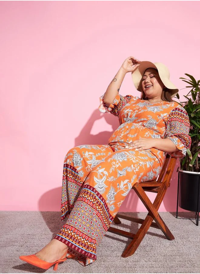 SASSAFRAS Plus Floral Peplum Top & Straight Pants Co-Ords by Styli