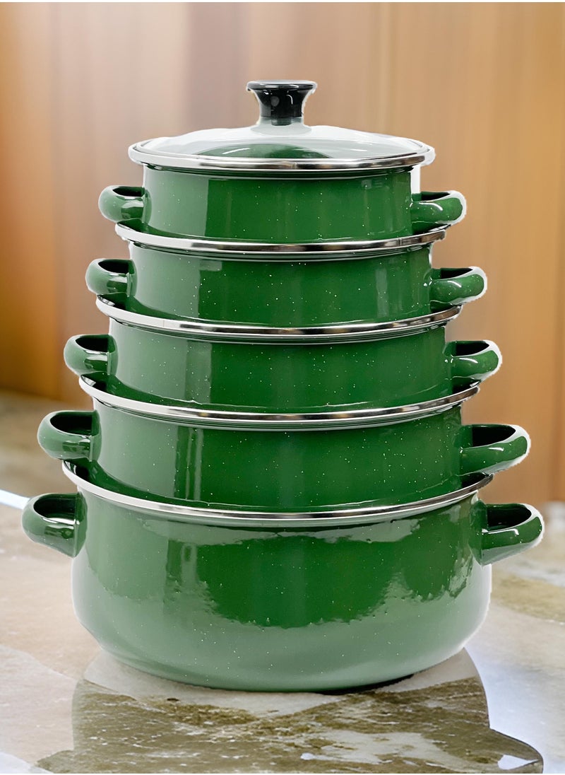 HTH Set of 5 Enamel Cookware Pots with Lid Set Non Stick Coating with Stainless Steel Welt & Dual Handle Non Stick Enamel Dutch Oven for Bread Baking Cooking Soup Dutch Oven  - Image 1