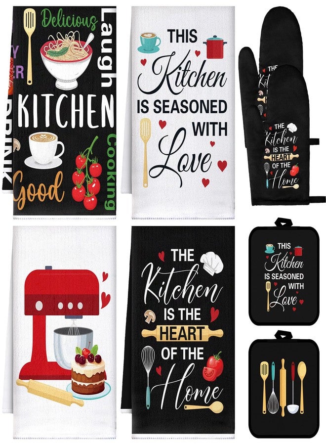 Leinuosen 8 Pcs Cuisine Kitchen Decor Accessories Set Farmhouse Towels Oven Mitts Pot Holders Dishcloths Set Kitchen Decorative Absorbent Gloves Potholders for Chef Baking Cooking - Image 1