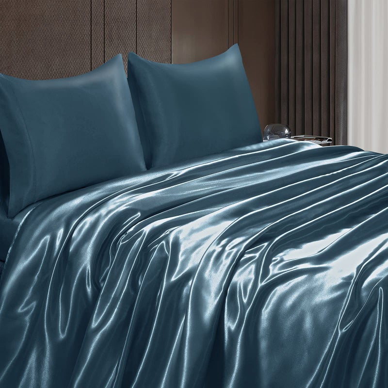 Homiest Homiest 4pcs RV Short Queen Satin Sheets Set Luxury Silky Satin Bedding Set with 10 "" Deep Pocket  Camper Queen Sheets  1 Fitted Sheet + 1 Flat Sheet + 2 Pillowcases (RV Short Queen  Deep Sea Blue)  - Image 4