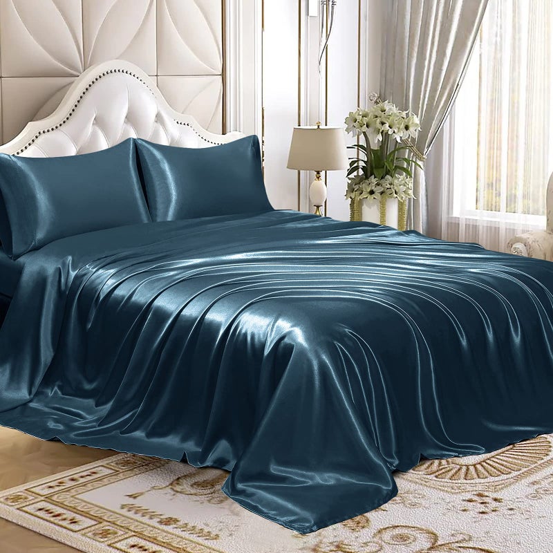Homiest Homiest 4pcs RV Short Queen Satin Sheets Set Luxury Silky Satin Bedding Set with 10 "" Deep Pocket  Camper Queen Sheets  1 Fitted Sheet + 1 Flat Sheet + 2 Pillowcases (RV Short Queen  Deep Sea Blue)  - Image 3