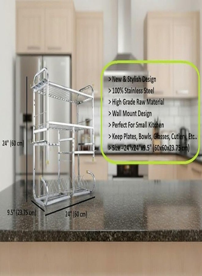 Homify Stainless Steel Kitchen Dish Rack | Wall-Mounted Drying Rack with Utensil Holder | Bartan Stand | Utensil Stand | Space-Saving Storage Shelves - 24 x 24 Inch - Image 3