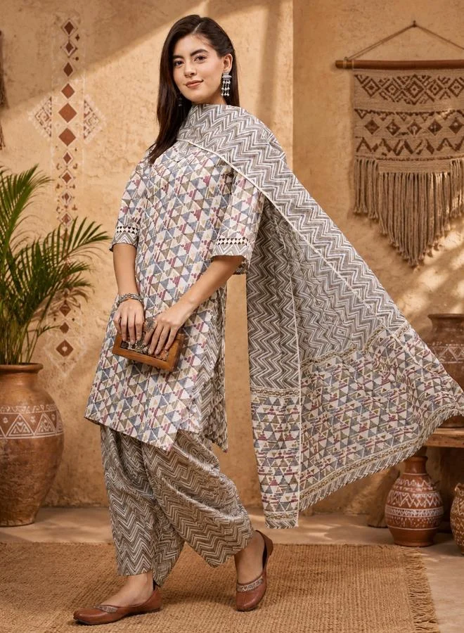 Winered Cotton Printed Kurta Pant Dupatta Set