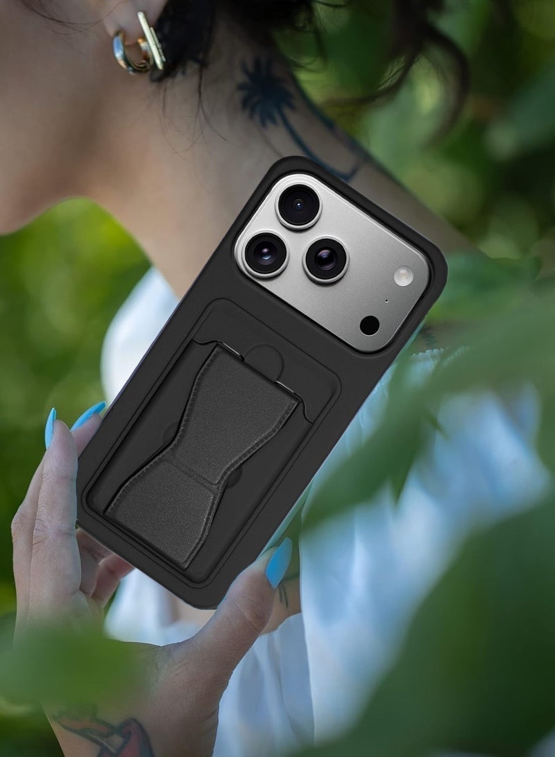 DUSALA iPhone 17 Pro 5G 2025 Silicone TPU Card Holder with Hand Grip Case | Slim Shockproof Wallet Phone Cover with Kickstand Strap & Secure Grip Holder (MCHPSN) – Black - Image 4