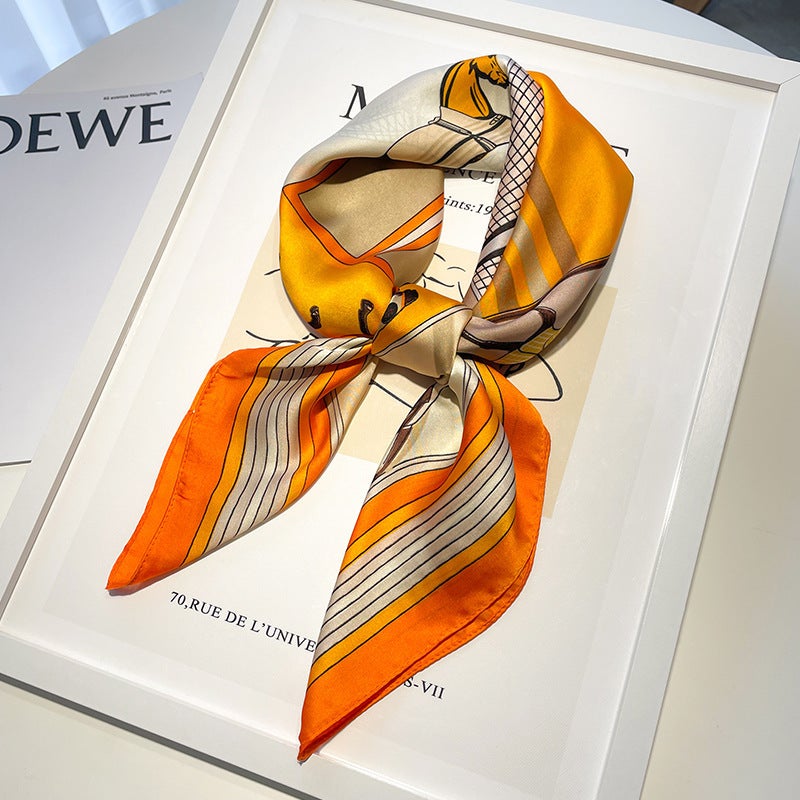 Oil painting small square scarf silk scarf for women Spring Autumn Winter mom matching shirt neck protection scarf scarf scarf 70x70 Plaid Army horse 70 square scarf-Orange
