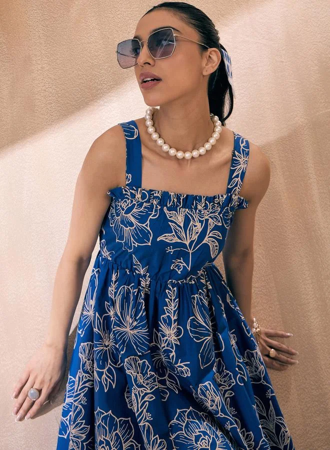 ساسافراس فستان قصير سكاتر مطبع بزهور ومزين بكشكش