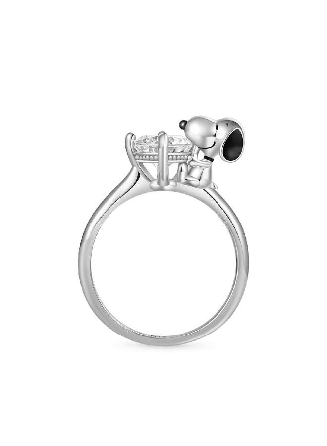 GNOCE Peanuts Snoopy Hug Ring With White Diamond Ring Gift 925 Sterling Silver For Women Girls With Jewellery Box For Christmas Valentine's Day (Snoopy Hug White Diamond, 57) - Image 1