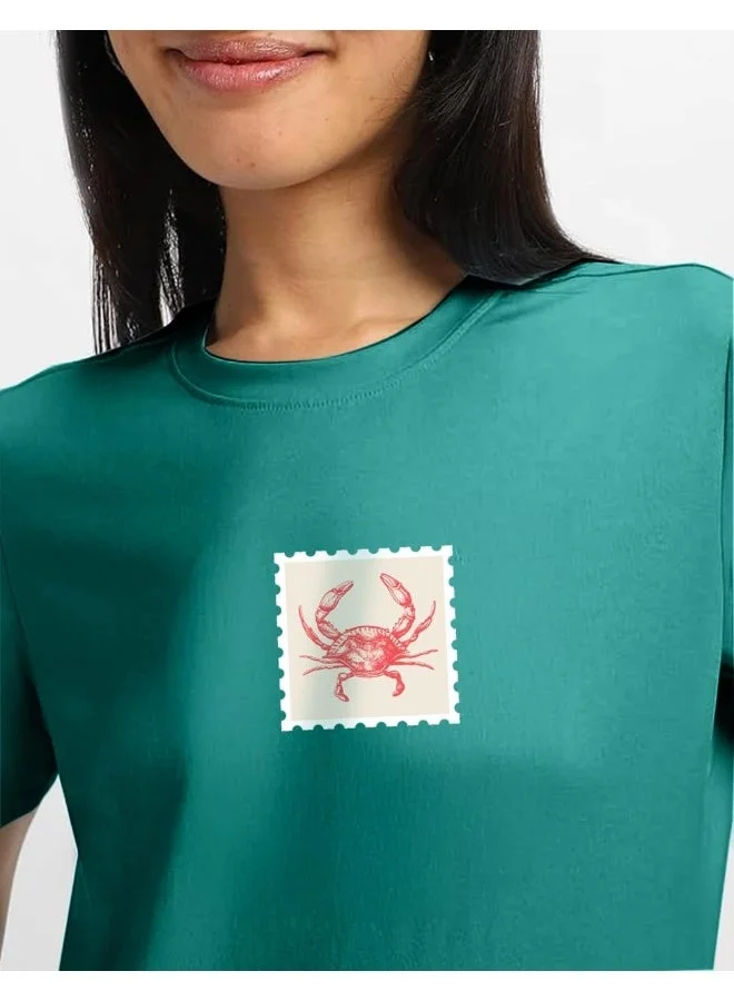 جونبيري JUNEBERRY® Women’s Regular Fit Pure Cotton Printed T-Shirt | Soft Fabric, Breathable Comfort | Round Neck, Half Sleeves, Round Neck (JB_55_Crab_G117_S)