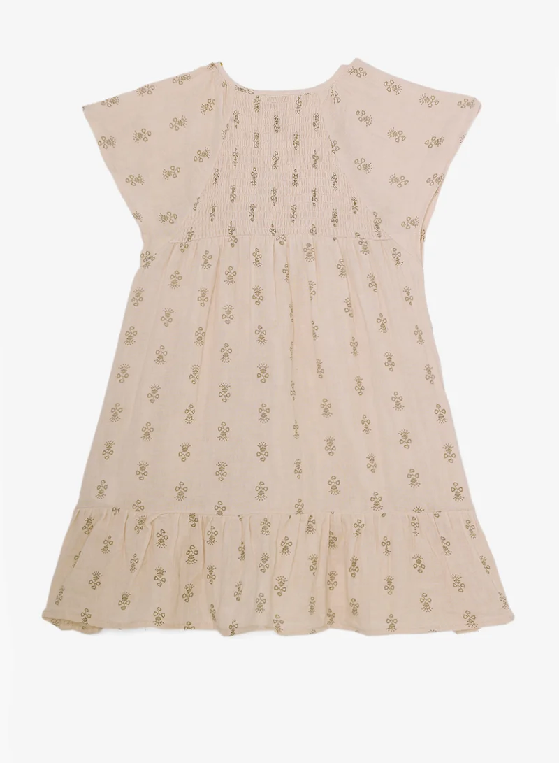 Ripples Girls Printed Cotton Flutter Sleeve Dress