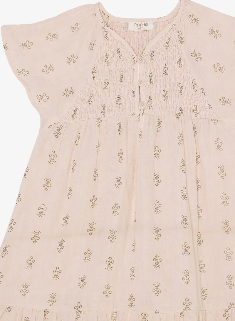 Ripples Girls Printed Cotton Flutter Sleeve Dress