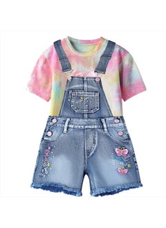 Peacolate 4-10Years Summer Little Big Girls 2pc set Short Sleeve Tie dye T-shirt and Blue Denim Shortalls(6-7years) 