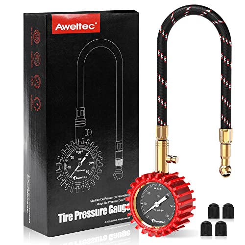 AWELTEC Tire Pressure Gauge 0-60 PSI Long Hose - Heavy Duty Tire Gauge High Accurate with Large 2 Inch Easy to Read Glow Dial, Low – High Tire Gauge for Car, SUV & Truck Tires - Image 1