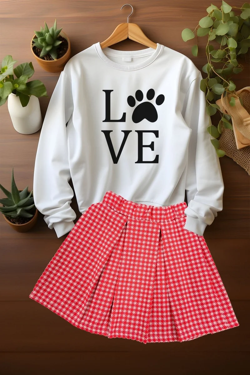 ادا بيبيك تشوكوك Ada Baby Child Style Plaid Skirt Love Pati Sweat Skirt Top and Bottom Set
