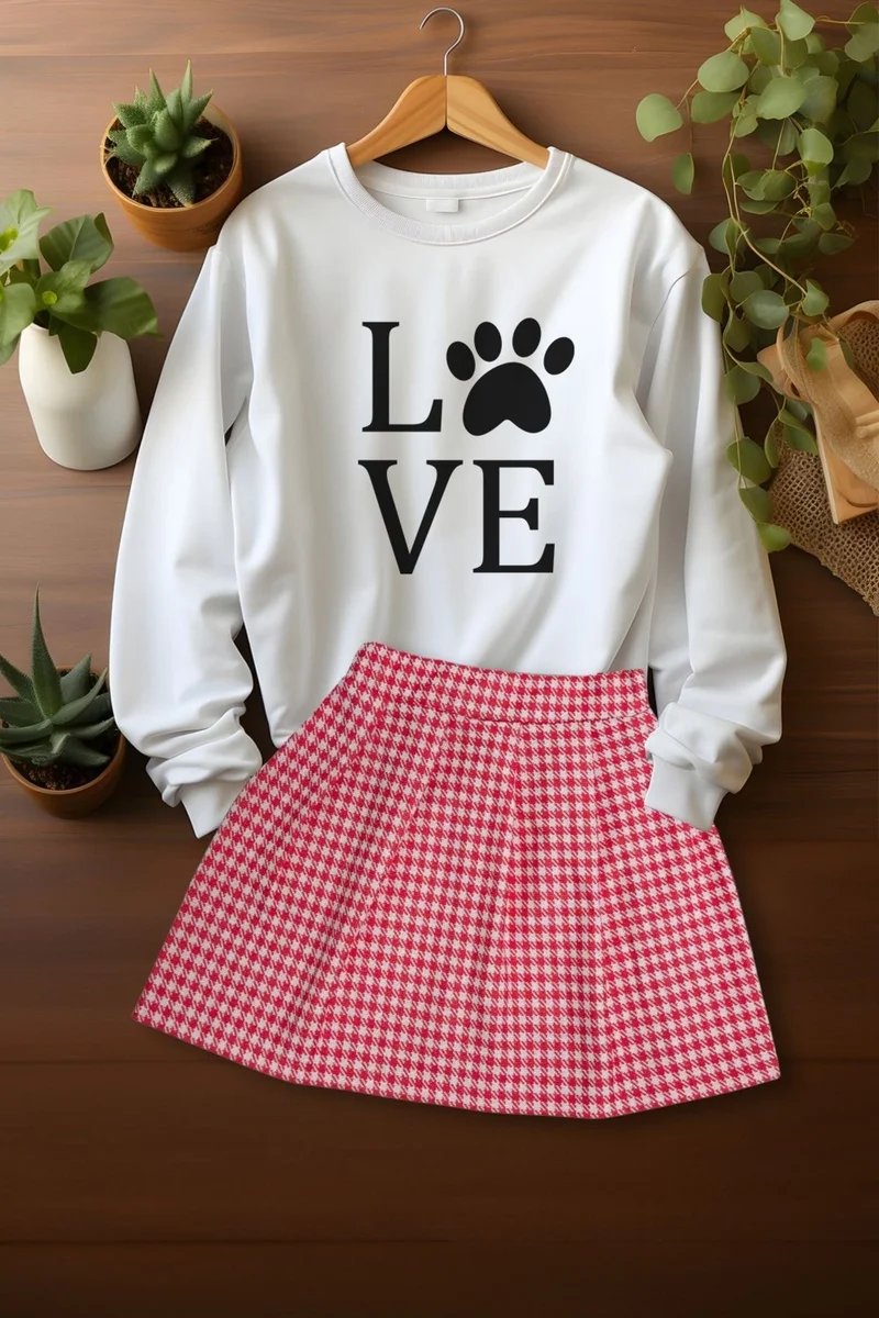 ادا بيبيك تشوكوك Ada Baby Child Style Plaid Skirt Love Pati Sweat Skirt Top and Bottom Set