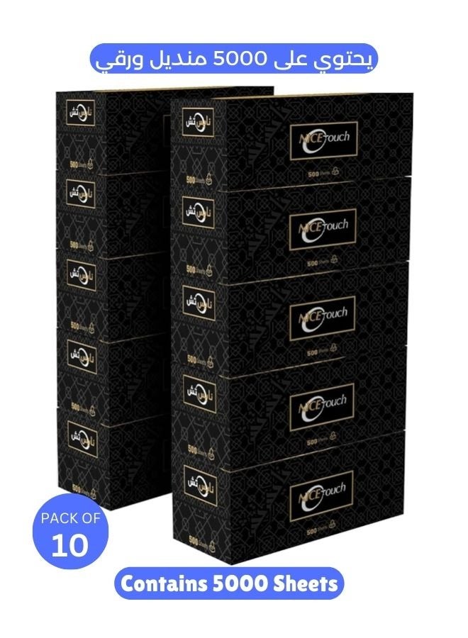 NICE Touch مناديل وجه 1 طبقة 5000 ورقة، 10 عبوات من 500 ورقة - تحتوي على 5000 مناديل فاخرة، ناعمة وامتصاصها جيد، مناسبة لجميع أنواع البشرة - Image 1