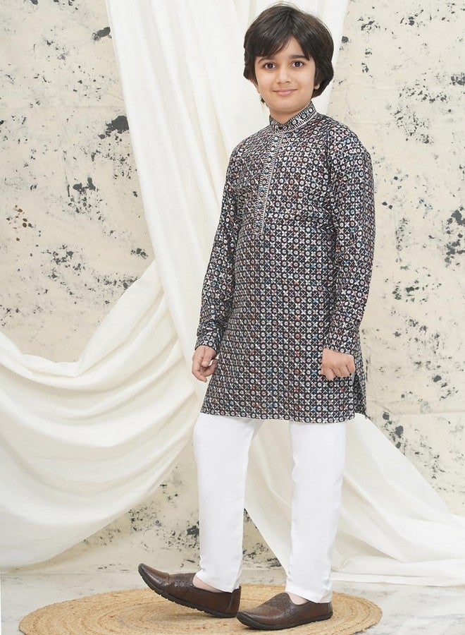 AJ DEZINES Kids Cotton Blend Full Sleeve Embroidered Grey Kurta Pajama Set for Boys - Ethnic wear | Special Occasion | Mandarin Collar - Regular Fit (1268-GREY-9) - Image 4