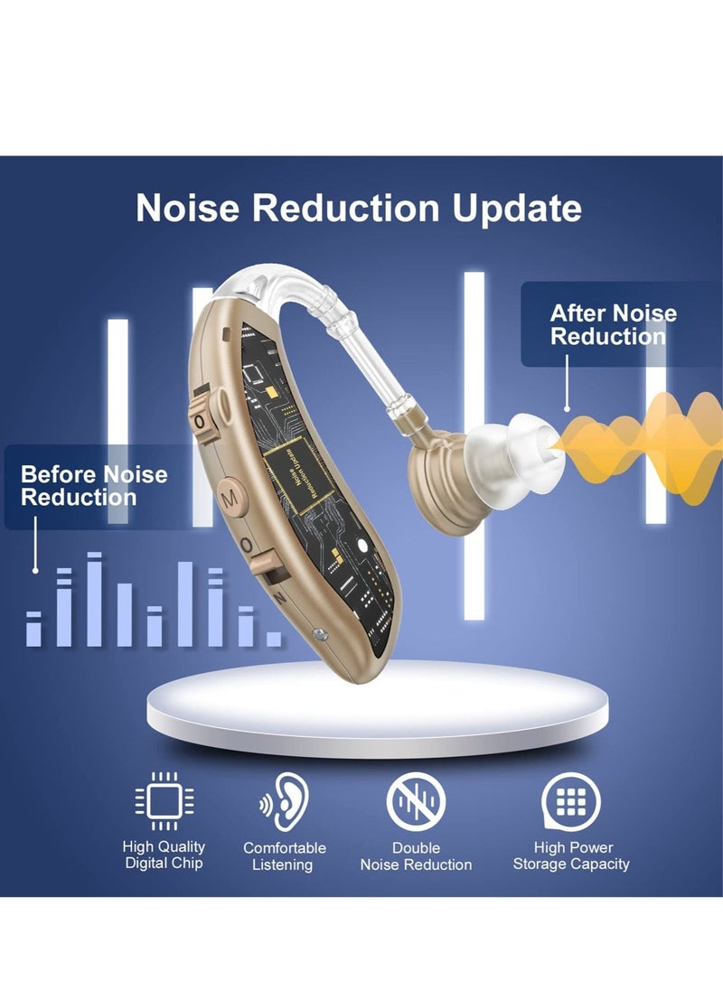 Rechargeable Hearing Amplifiers with Noise Reduction, Digital Personal Sound Amplifiers for Seniors with Volume Control in the Color Brown.