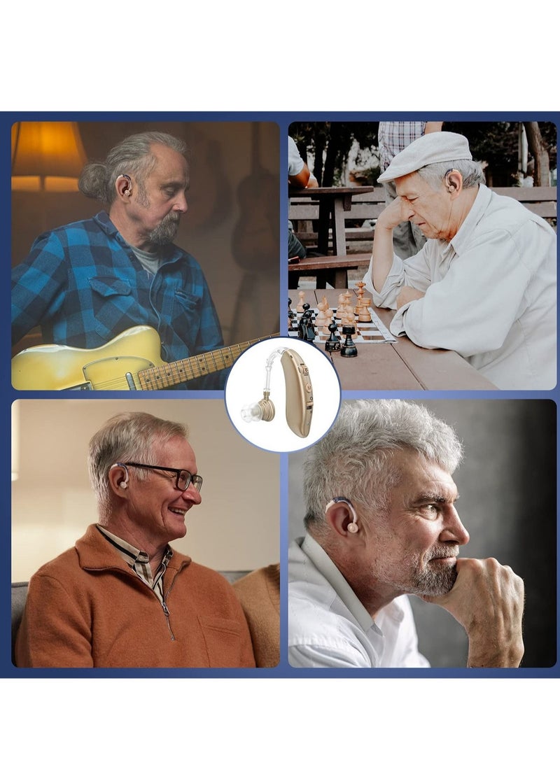 Rechargeable Hearing Amplifiers with Noise Reduction, Digital Personal Sound Amplifiers for Seniors with Volume Control in the Color Brown.
