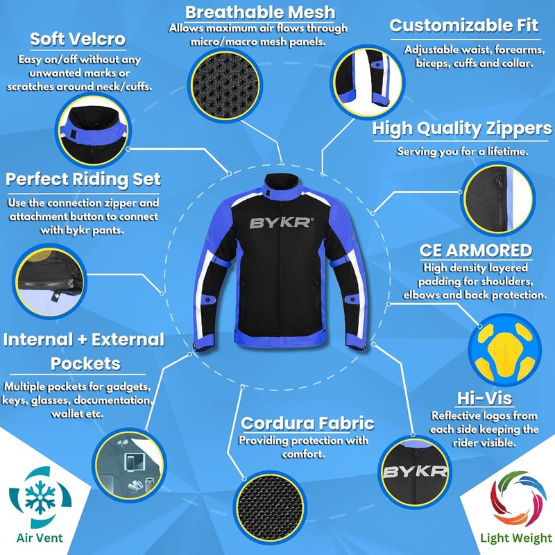 BYKR Mesh Motorcycle Jacket for Men - Breathable Protective Riding Gear, Blue, Small - Image 4