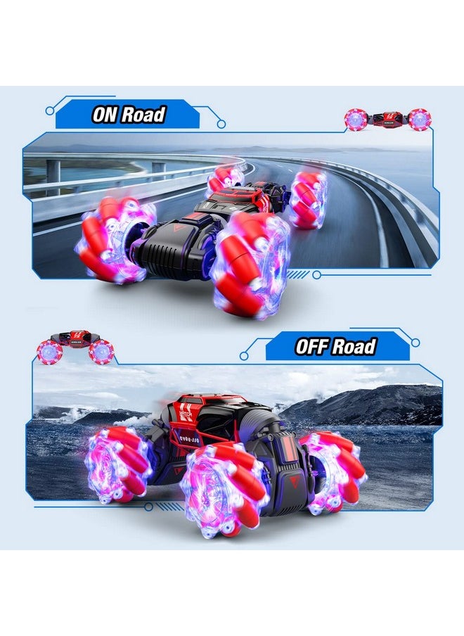 Powerextra Powerextra LED Remote Control Car, 4WD 2.4GHz Gesture Sensing Rc Stunt Car, Double Sided 360°Rotating Transform Off Road Car with Light, Toy Cars for 6-12 Year Old Boys & Girls - Red  - Image 5