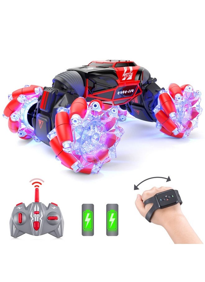 Powerextra Powerextra LED Remote Control Car, 4WD 2.4GHz Gesture Sensing Rc Stunt Car, Double Sided 360°Rotating Transform Off Road Car with Light, Toy Cars for 6-12 Year Old Boys & Girls - Red  - Image 1