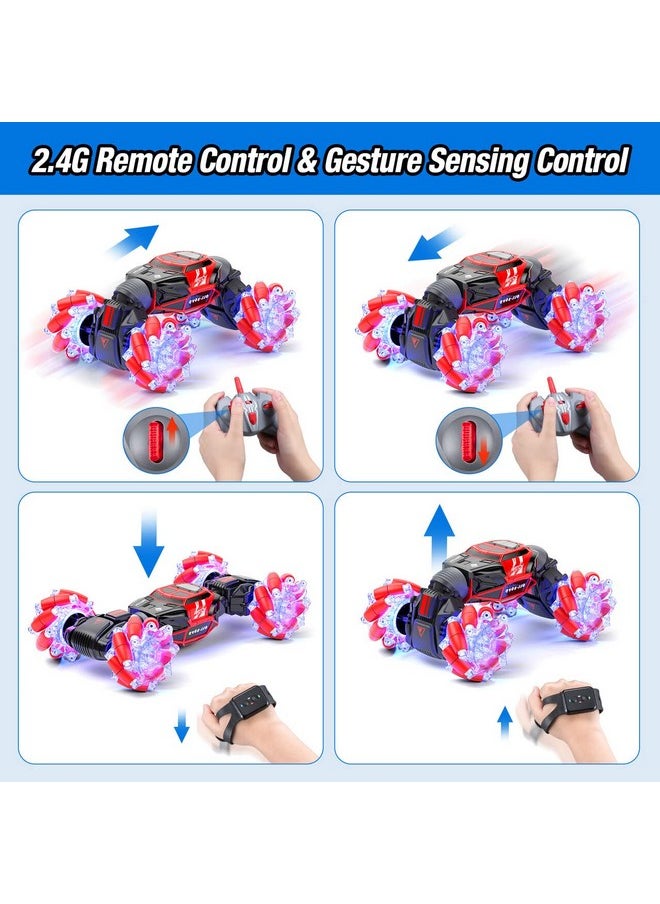 Powerextra Powerextra LED Remote Control Car, 4WD 2.4GHz Gesture Sensing Rc Stunt Car, Double Sided 360°Rotating Transform Off Road Car with Light, Toy Cars for 6-12 Year Old Boys & Girls - Red  - Image 4
