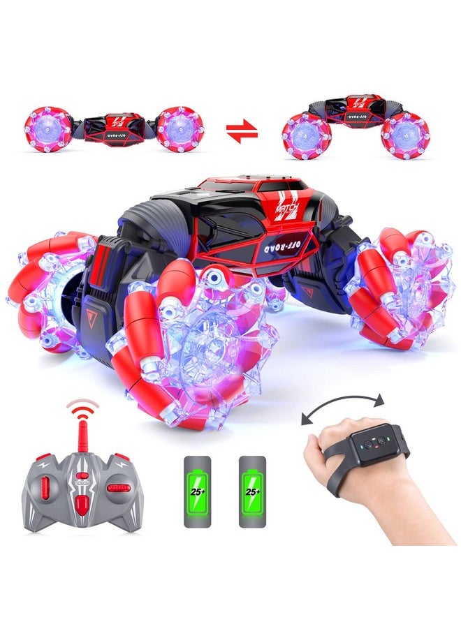 Powerextra Powerextra LED Remote Control Car, 4WD 2.4GHz Gesture Sensing Rc Stunt Car, Double Sided 360°Rotating Transform Off Road Car with Light, Toy Cars for 6-12 Year Old Boys & Girls - Red  - Image 2