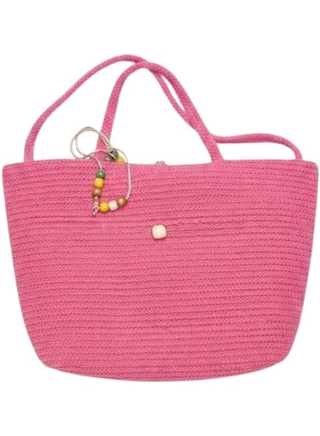 Large Handmade Fuchsia Macrame Tote Bag with Colorful Beads – Spacious Beach Bag - Image 1